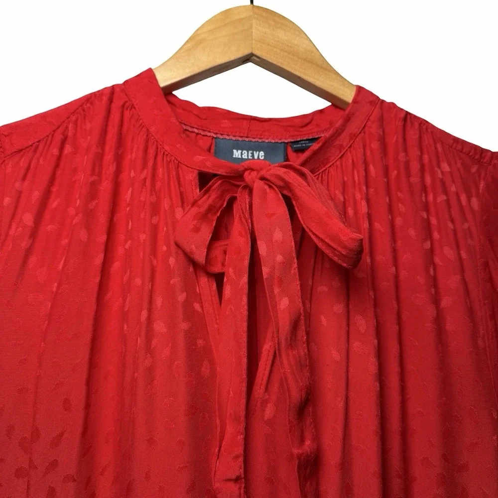 Anthropologie Maeve Wendy Tiered Maxi Dress Red Jacquard Tie Neck‎ Large Cottage